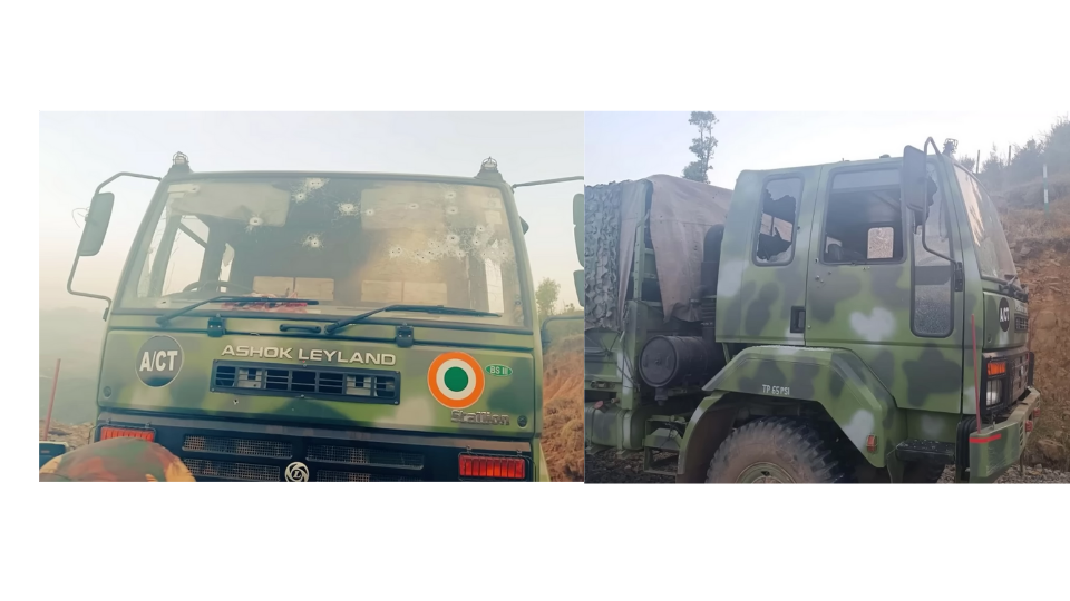 Aftermath of the Terror Attack shows a gruesome state of the 'ASHOK LEYLAND STALLION 4X4" with major impact on the front and side windscreens that were pierced by bullets shot straight at them.